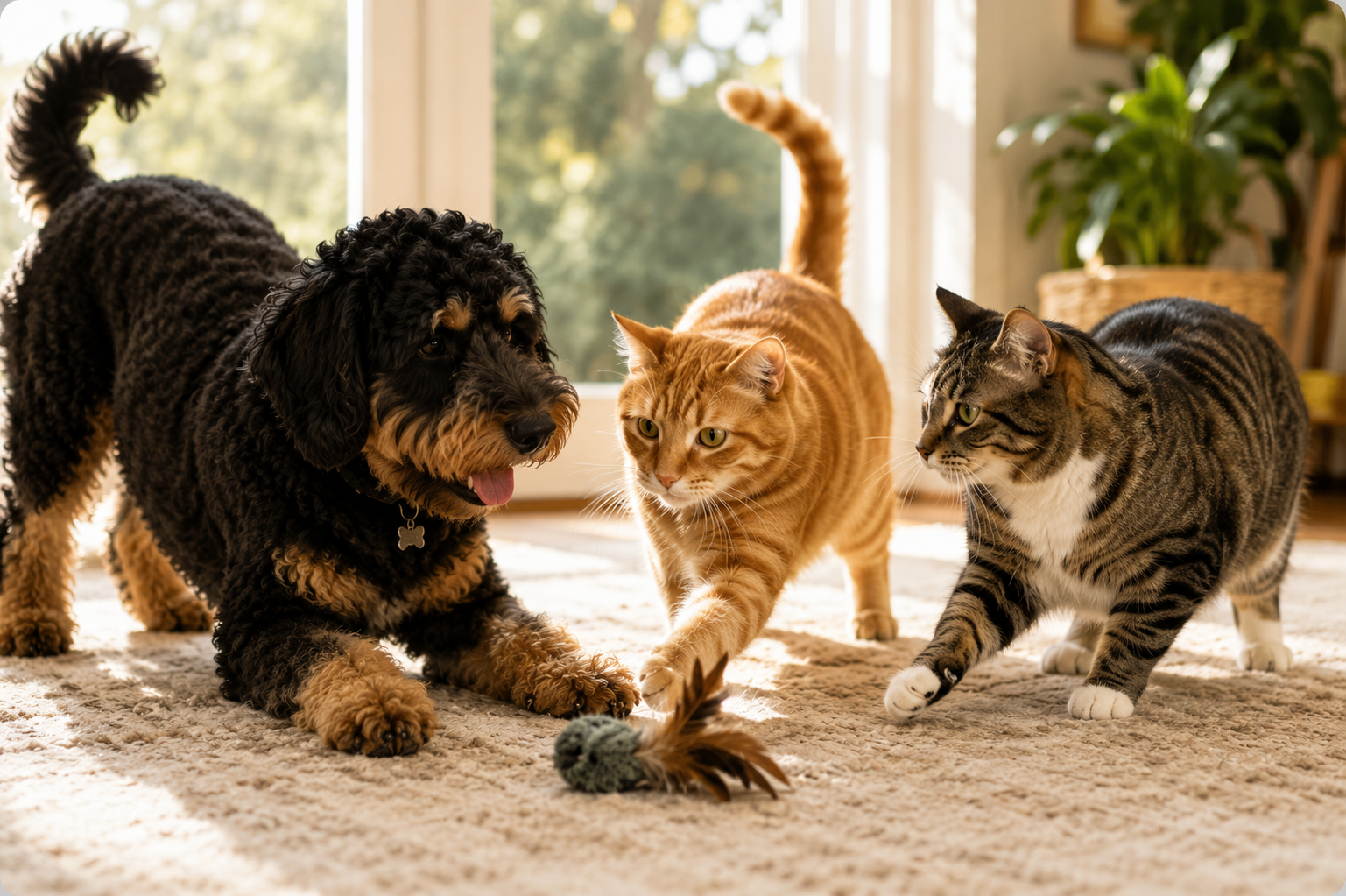 A playful dog and two cats reaching for a toy together in a sunlit home